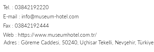 Museum Hotel Luxury Cave Hotel Cappadocia telefon numaralar, faks, e-mail, posta adresi ve iletiim bilgileri
